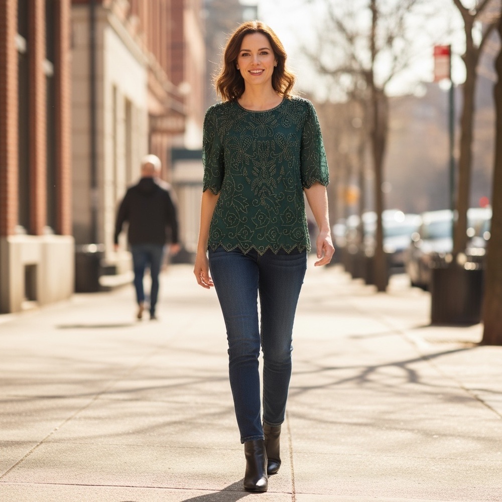 Channa Vintage Green Embellished Beaded Rayon Lined Green Blouse